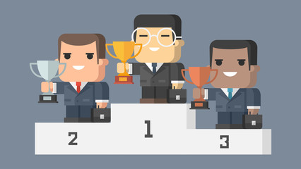 Businessman stands on pedestal and holds сup