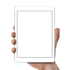 Man's hand holding white tablet