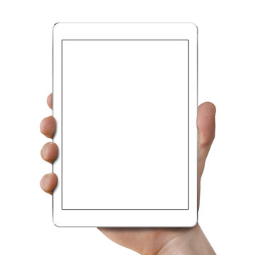 Man's Hand Holding White Tablet