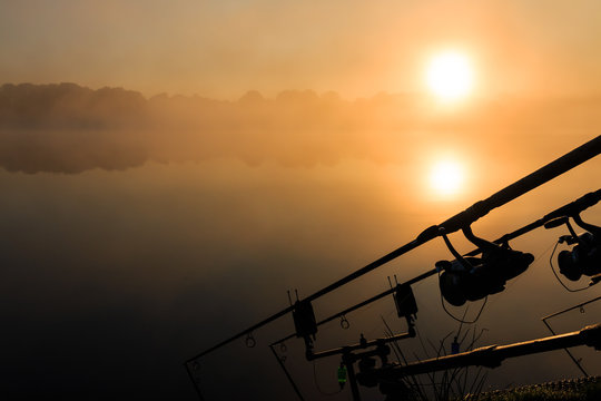 Carp fishing rods misty lake France