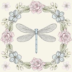 floral frame and dragonfly engraving style - 73097176