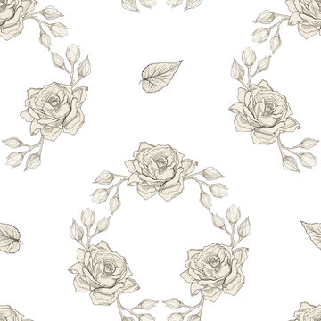 roses wreath seamless pattern engraving style