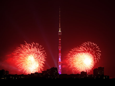 red fireworks near Ostankino TV Tower in Moscow