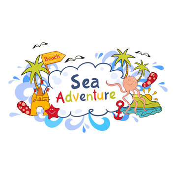 Colorful beach print with cartoon elements
