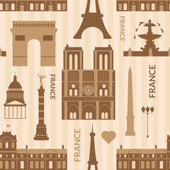 Landmarks of Paris monochrome seamless pattern