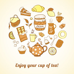 Tea and sweets icons set