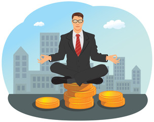 Businessman meditating in yoga lotus pose on stack of gold coin
