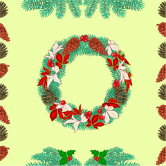 Seamless texture christmas wreath and pine cones vector