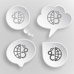 Globe and gear. White flat vector buttons on gray background.