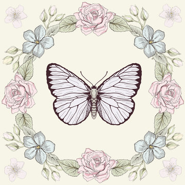 floral frame and butterfly engraving style