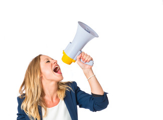 Woman shouting over isolated white background