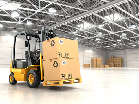 Forklift truck in warehouse or storage loading cardboard boxes.