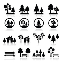 Trees, forest, park vector icons set - obrazy, fototapety, plakaty
