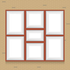 Collage of picture frames on the brick wall. Vector set.