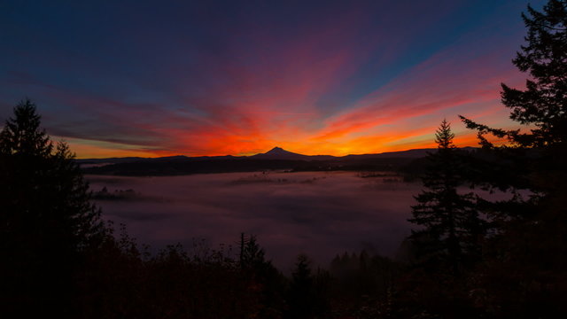Time Lapse of Sunrise with Mount Hood and Fog in Oregon