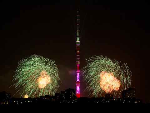 Night scenery withTV Tower and firework, Moscow