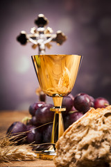 Sacred objects, bible, bread and wine