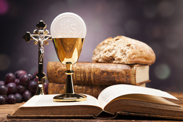 Sacred objects, bible, bread and wine