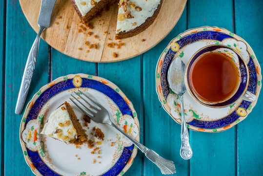 Afternoon Tea With Carrot Cake In Retro Style