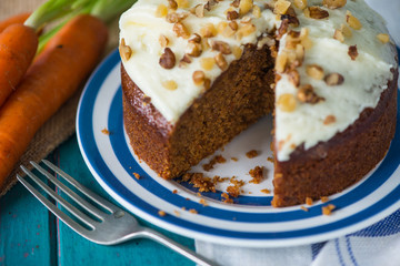 Fresh yummy carrot cake on plate