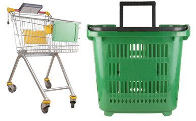 Empty green hand basket and a shopping troley