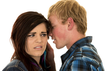 couple close man tell woman secret confused
