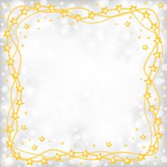 Christmas greeting frame of gold beads on blur gray background a