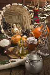 Baby Jesus in rustic kitchen Christmas background