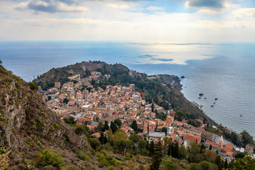 Naklejka na ściany i meble Overview of Town of Taormina and Mediterranean Sea