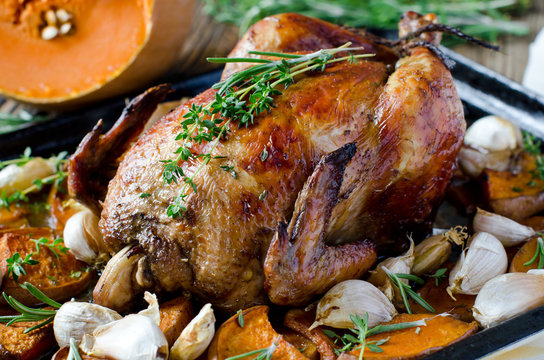 Baked chicken with pumpkin and herbs