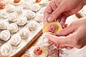 Obraz na płótnie Canvas Dumplings. Dough with meat filling on the cook's hands.