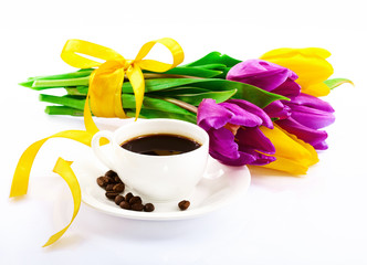 nice breakfast with cup of coffee, flowers, giftevening
