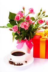 nice breakfast with cup of coffee, flowers, giftevening