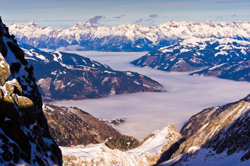 Zel am See valley from top of Kaprun glacier in Austrian Alps - obrazy, fototapety, plakaty