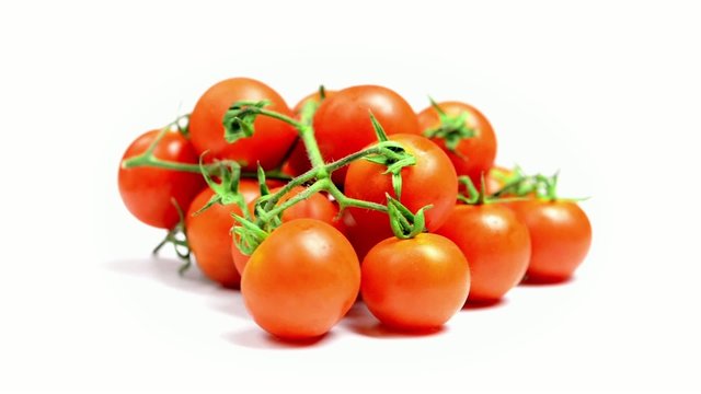Pomodorini rotatanti  su sfondo bianco
