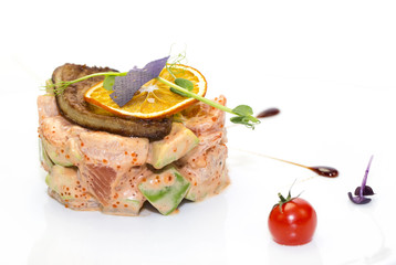 salad, fish and eggs decorated with greens and tomatoes