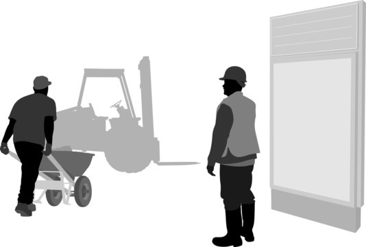 construction workers, forklift, wheelbarrow, grayscale clip art preview