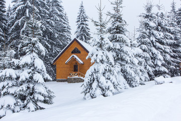 Old farm in the Carpathian mountains. Sunny winter morning. Retr