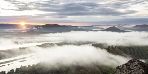 The hills in the fog. Morning landscape