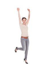 Excited Woman Dancing Against White Background