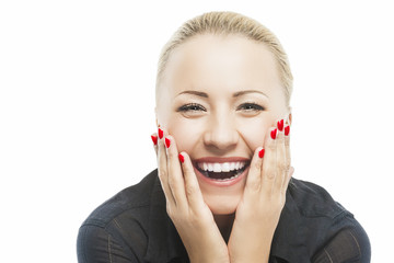 Portrait of Beautiful Caucasian Woman Smiling with Open Mouth wi
