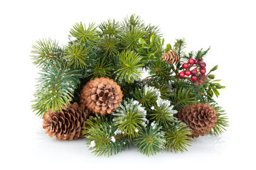 Christmas tree branch with holly decor