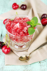 Closeup of cherry granita in glass bowl,