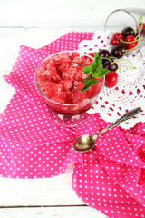 Closeup of cherry granita in glass bowl,