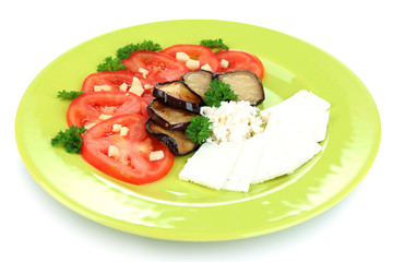 Eggplant salad with tomatoes and feta cheese, isolated on white