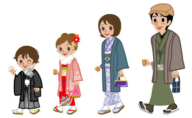 New year's Kimono family walking,side view