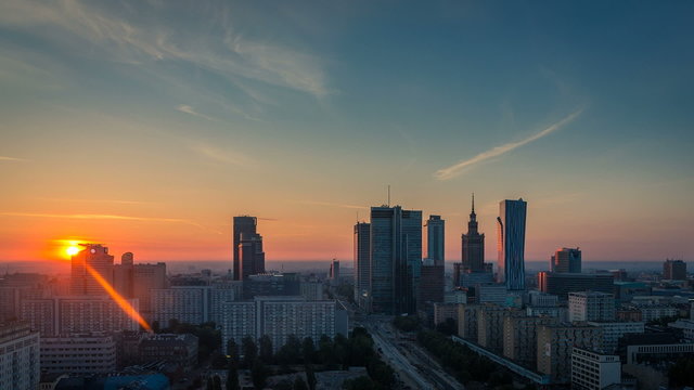 Warsaw Skyline Sunrise City Timelapse, Polish Capital
