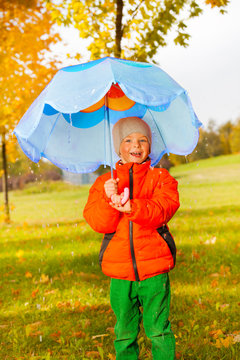 Smiling positive boy holding blue umbrella in park