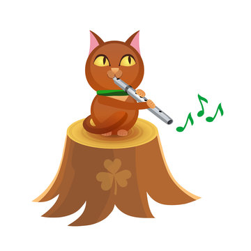 Illustration of Cat with flute on tree stump