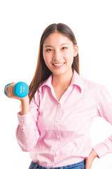 Young business woman standing isolated on white